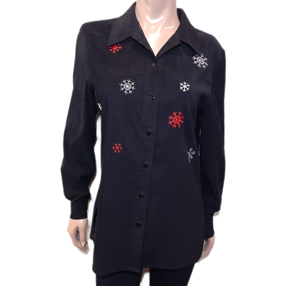 Vintage Snowflake Embroidered Faux Suede Button Down Shirt Christmas Winter